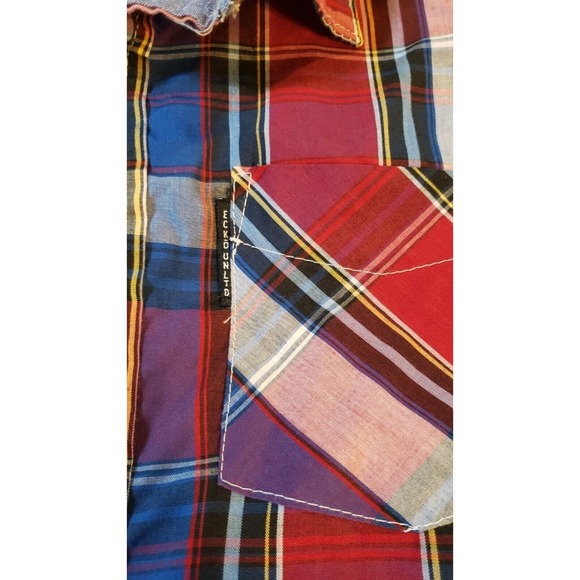 Ecko Unlimited Men Short Sleeve Button-up Red White Blue Plaid Shirt  Size Large - Picture 10 of 16
